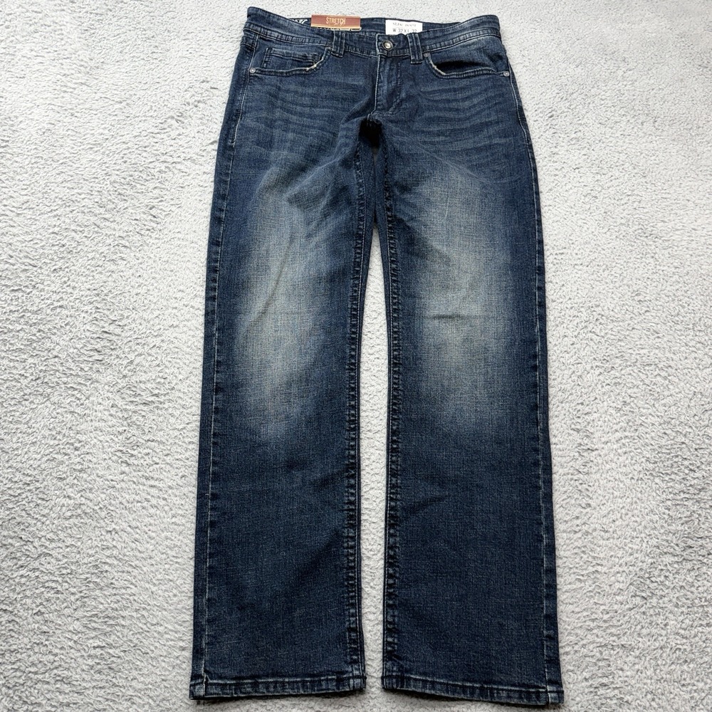 TK Axel Boot Cut Jeans Mens 32x32 Slim Stretch Low Rise Blue Faded Whiskers NWT
